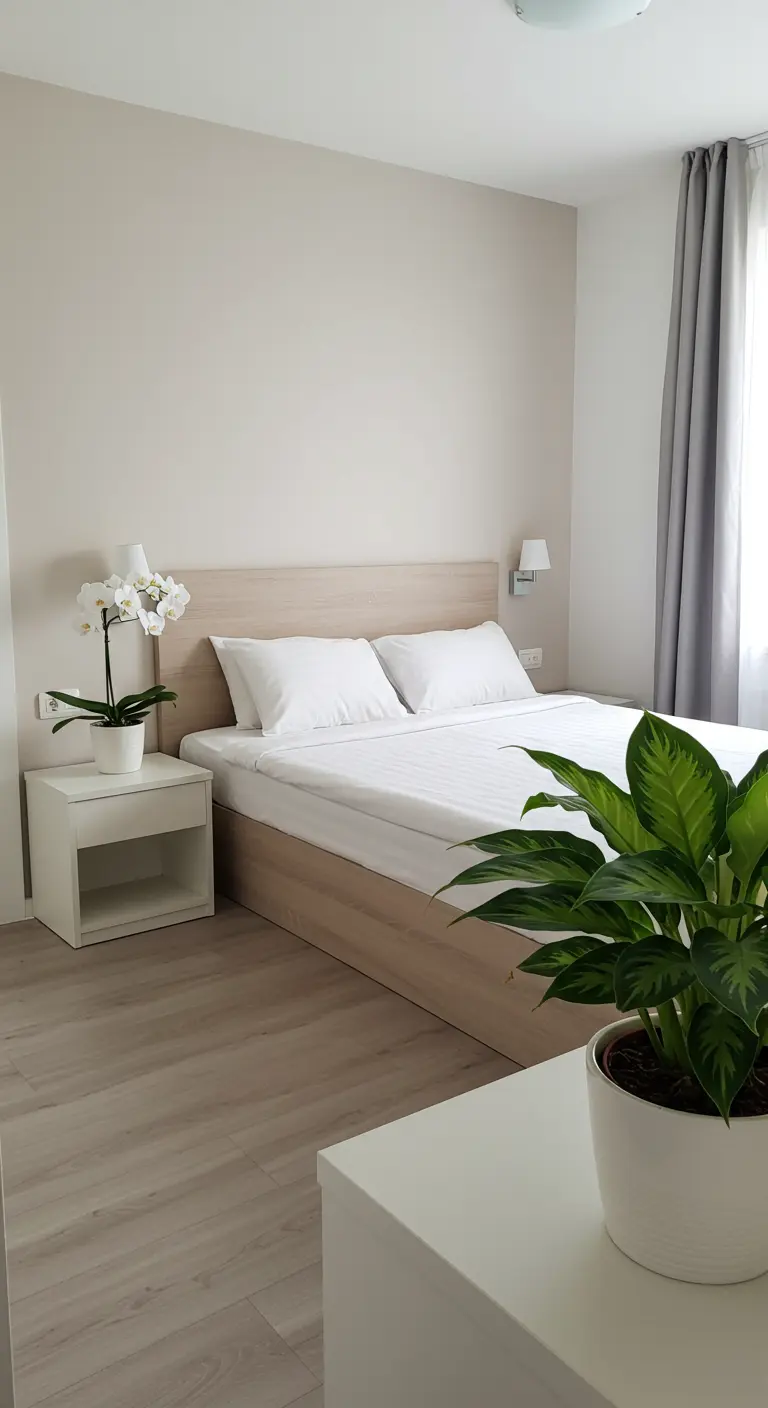 Moderne, minimalistische slaapkamer met een witte orchidee op het nachtkastje en een grote bladplant.