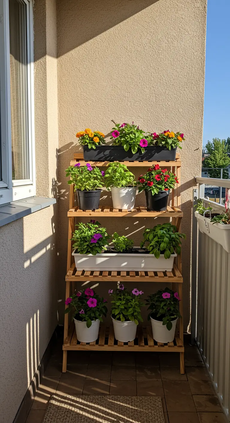 Eenvoudig houten plantenrek op smal balkon met diverse planten in potten en bakken.