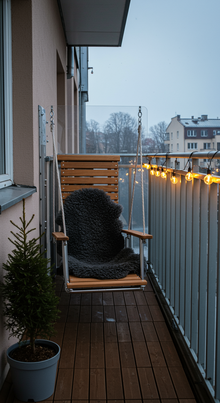 Houten opklapbare hangstoel met schapenvacht op balkon met kerstboompje en lichtsnoer.