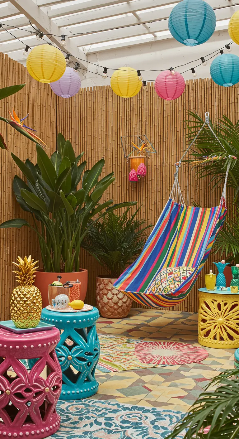 Eenvoudige houten plankenschommel hangend aan touwen op een veranda.