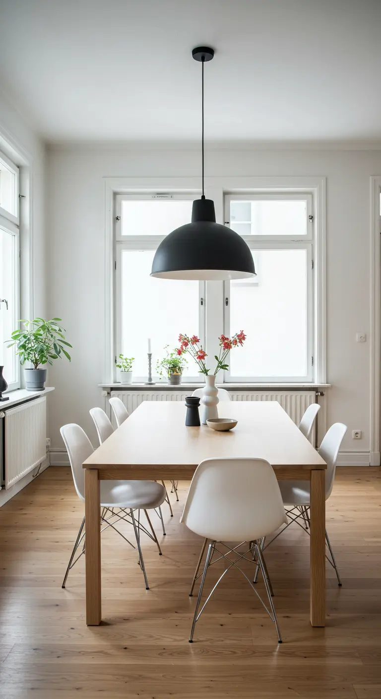 Grote zwarte koepellamp boven een lichte houten eettafel met witte stoelen.