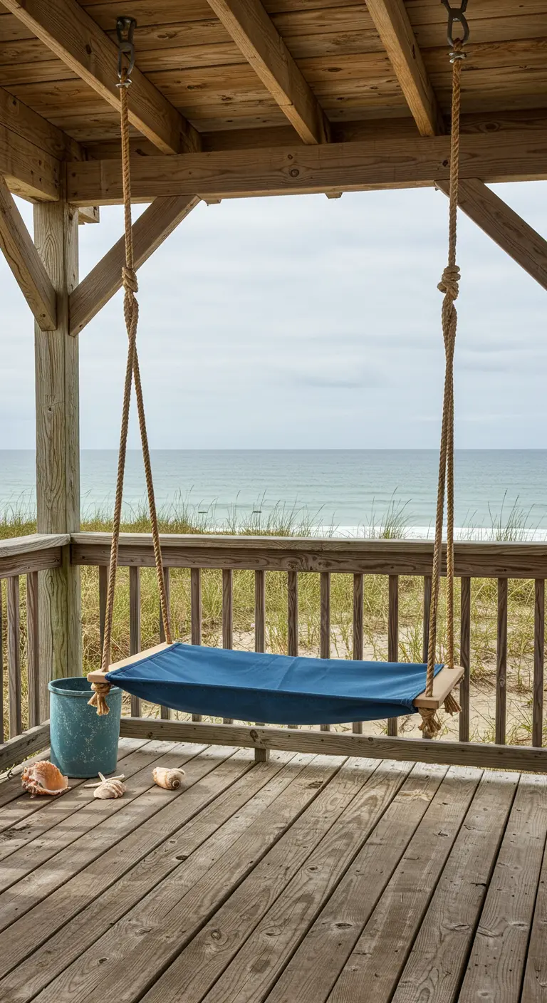 Blauwe canvas hangschommel met houten frame op een houten veranda met uitzicht op zee.