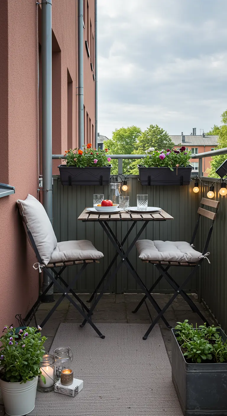 Klein balkon met inklapbare houten bistroset, bloembakken aan reling en kaarsen.