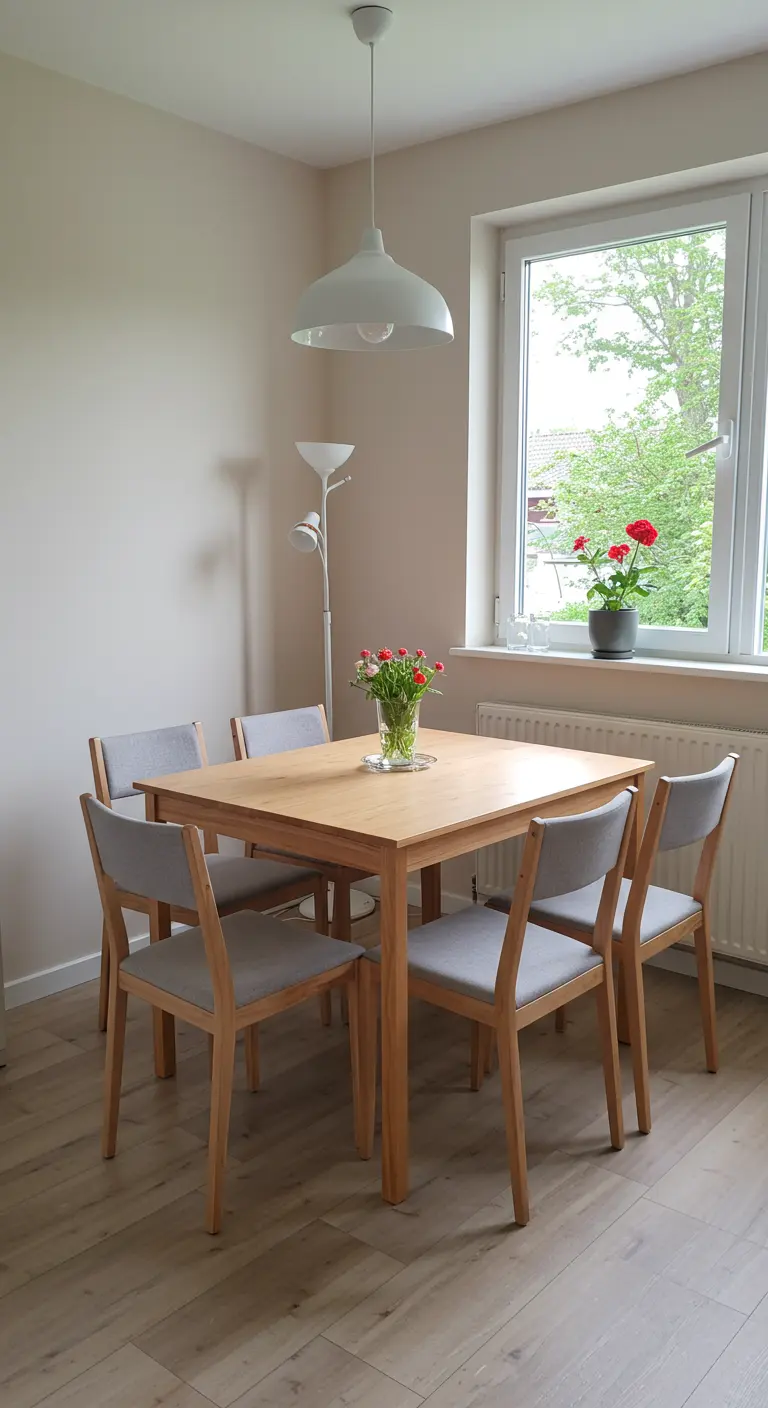 Houten eettafel met zes grijze stoelen bij een raam.