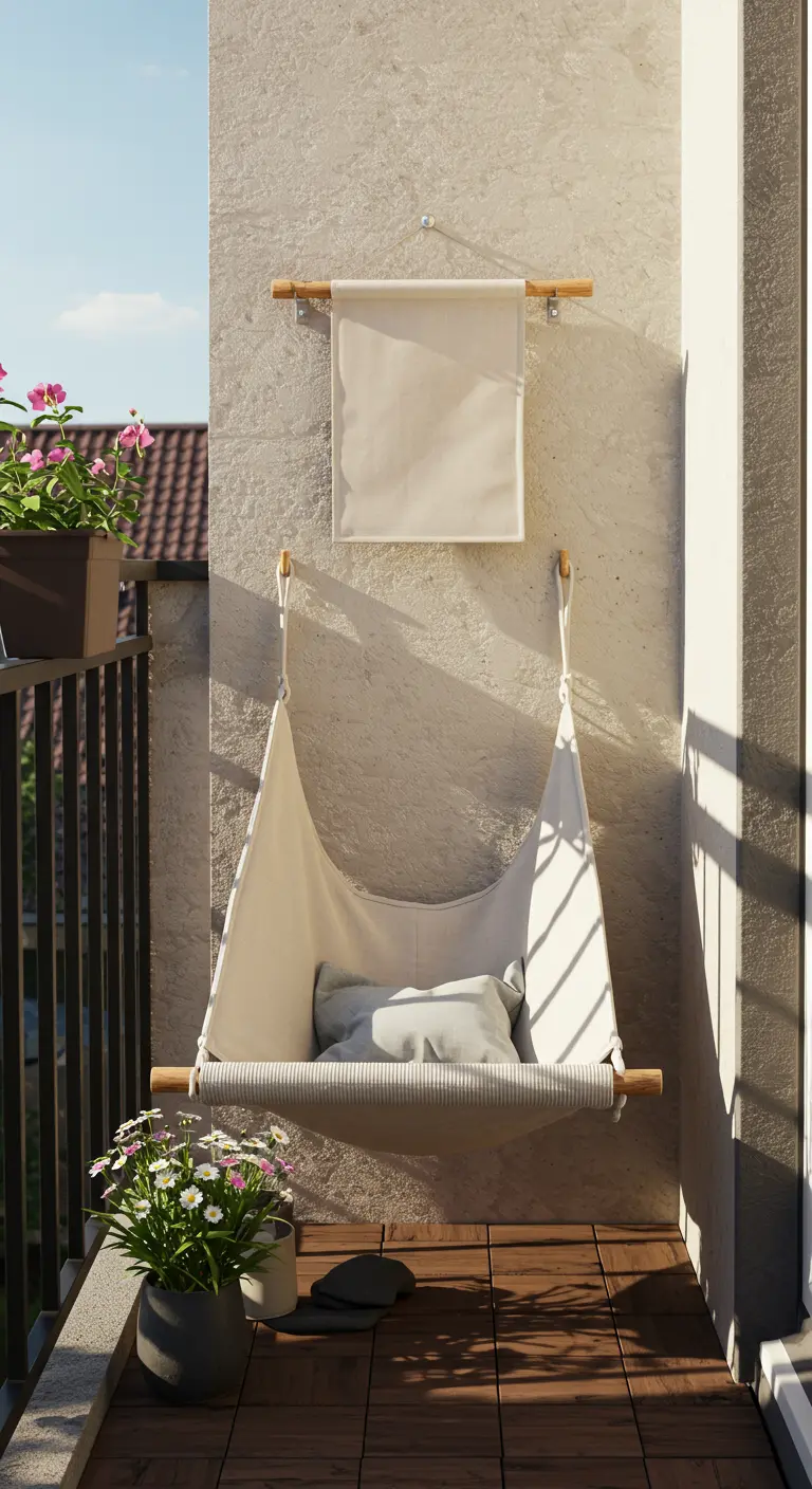 Witte stoffen hangstoel aan een lichte muur op een zonnig balkon.