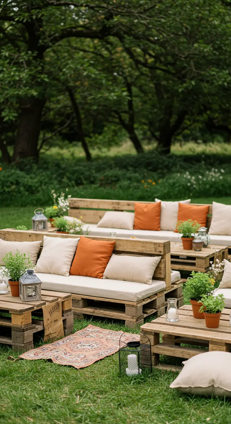 DIY lounge van pallets met naturel en terracotta kussens en lantaarns op gras.