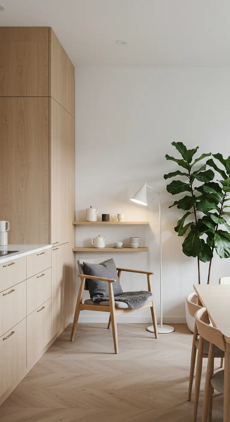 Minimalistisch theehoekje met houten stoel, wandplanken en een grote groene plant.