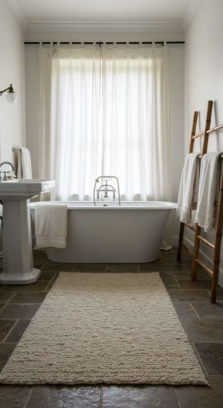 Witte wabi-sabi badkamer met vrijstaand bad, bamboe ladder als handdoekenrek en zacht tapijt.