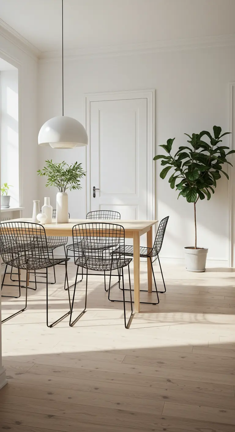 Lichte eetkamer met zwarte draadstoelen, houten vloer en witte muren.