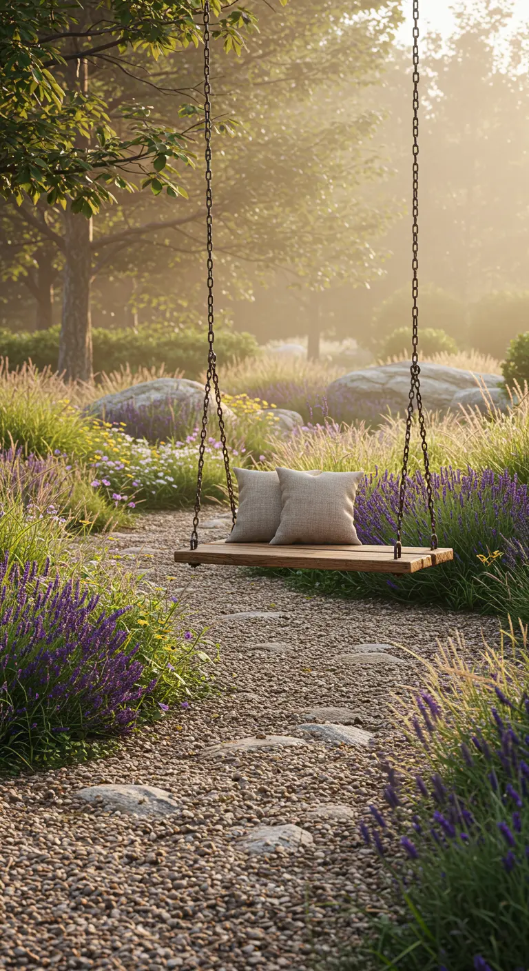 Eenvoudige houten plank schommel met kussens op grindpad, omringd door wilde bloemen en lavendel.