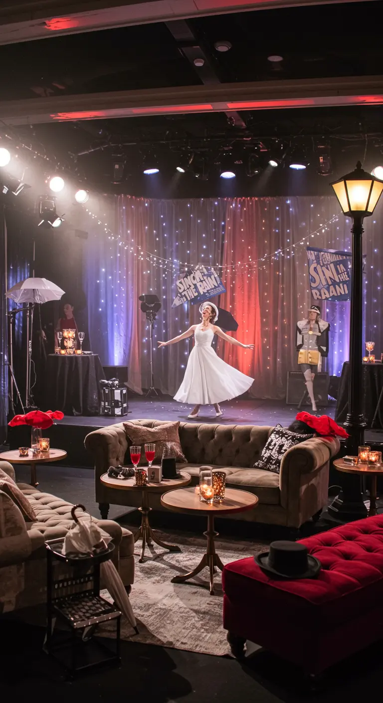 Huiskamerpodium met 'Singin' in the Rain' thema, inclusief performer en vintage decor.