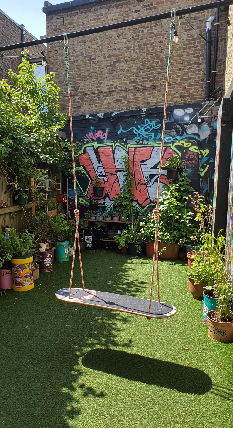 Schommel gemaakt van een oud skateboard, hangend in een stadstuin met graffiti muur.