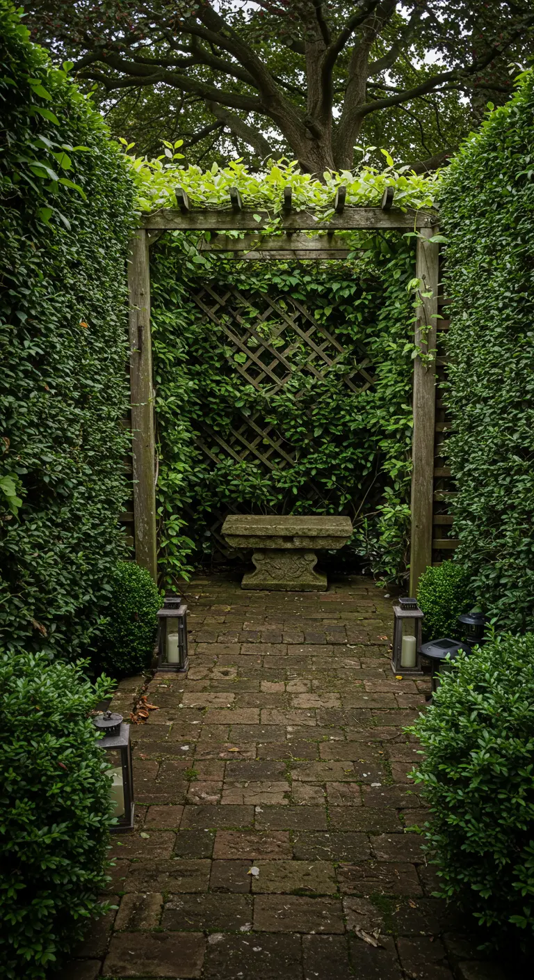 Schaduwrijke zithoek onder een met groen begroeide pergola, met Skimmia in potten en lantaarns.