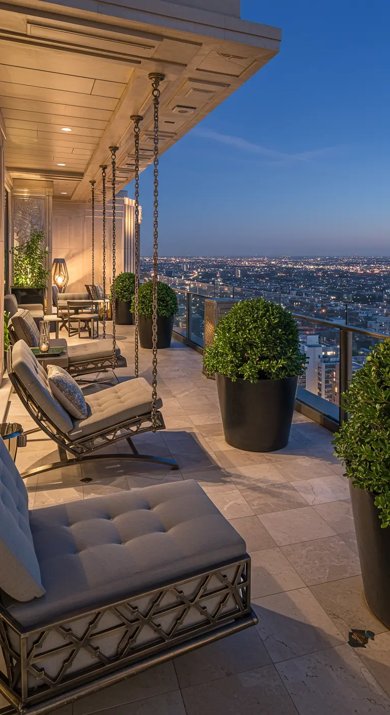 Luxe dakterras met meerdere hangende loungebedden en panoramisch uitzicht op de stad 's avonds.