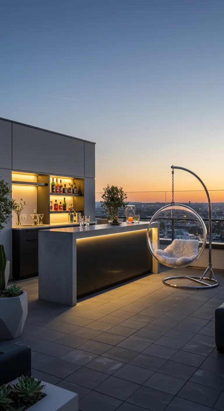 Modern dakterras met strakke bar en transparante eivormige hangstoel bij zonsondergang.