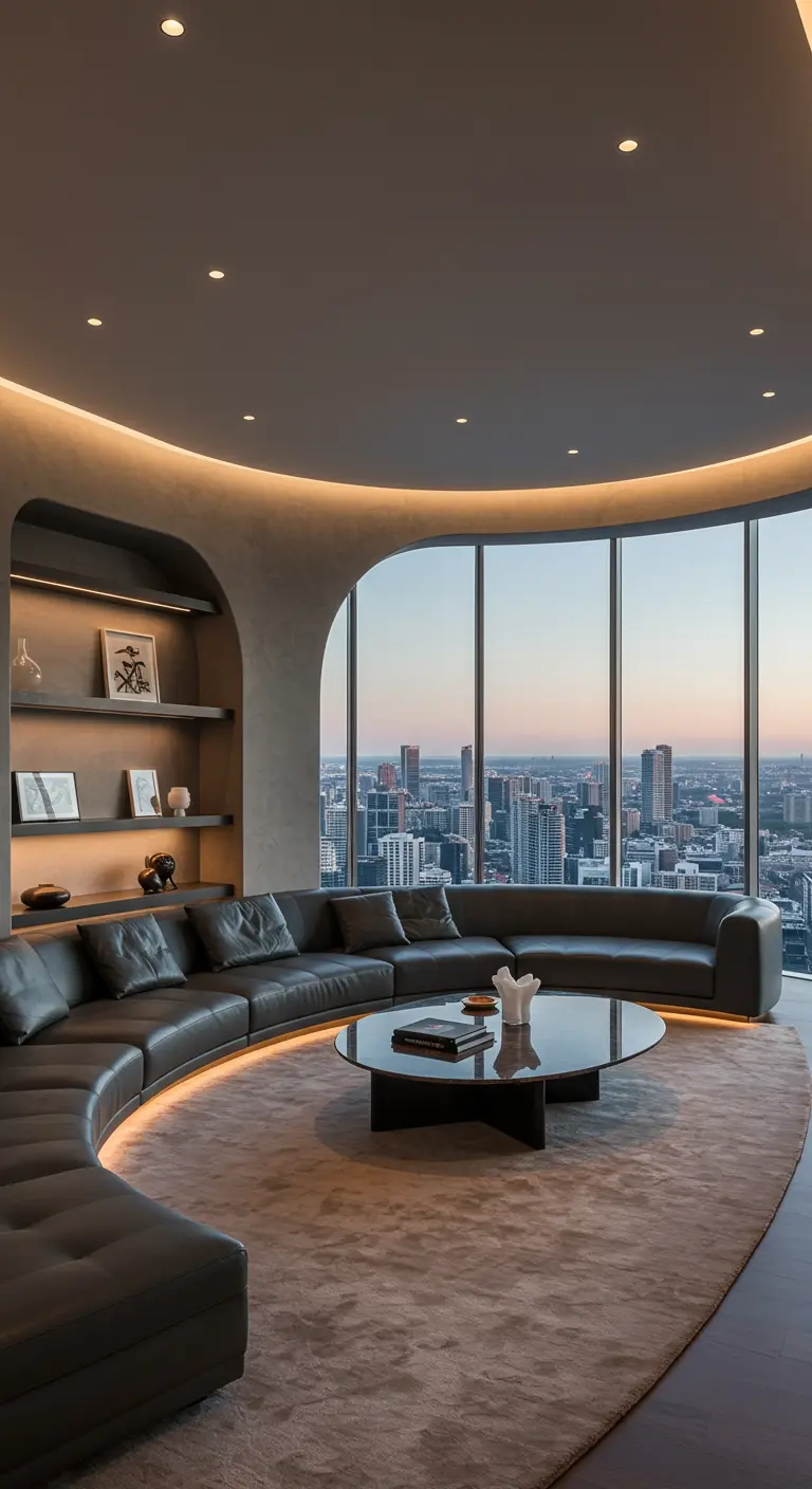 Luxe woonkamer met gebogen bank, panoramisch uitzicht over de stad en ronde verlichting.