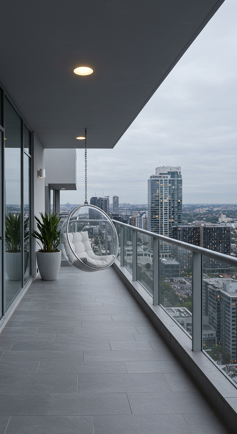 Transparante 'bubble' hangstoel op modern balkon met stadszicht.