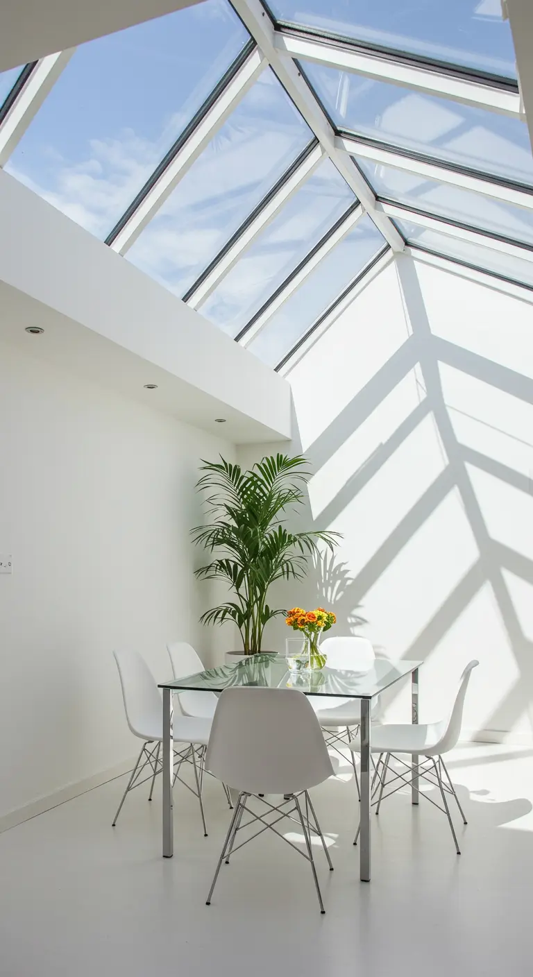 Witte eethoek met glazen tafel onder een groot glazen dak.
