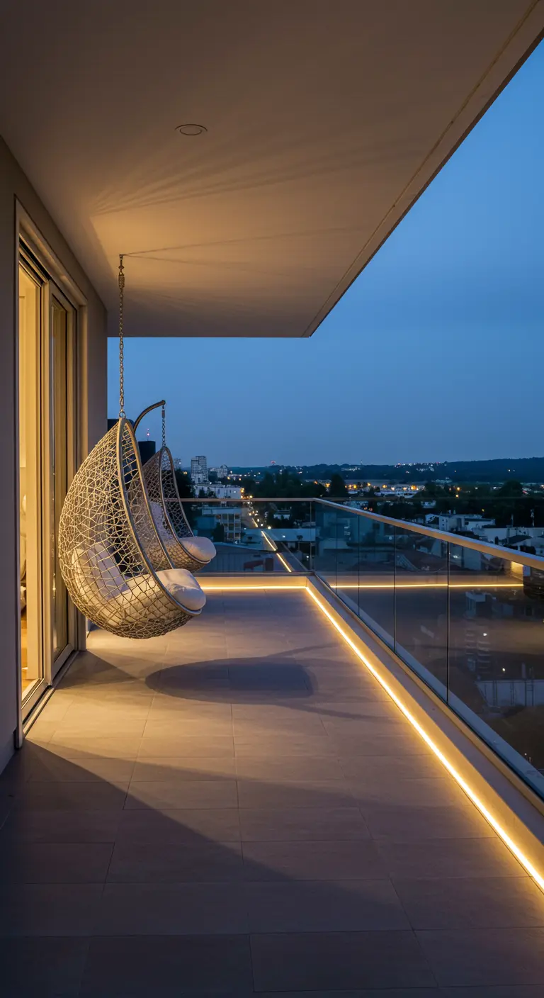 Twee witte eivormige hangstoelen op modern balkon met stadszicht en LED-verlichting.