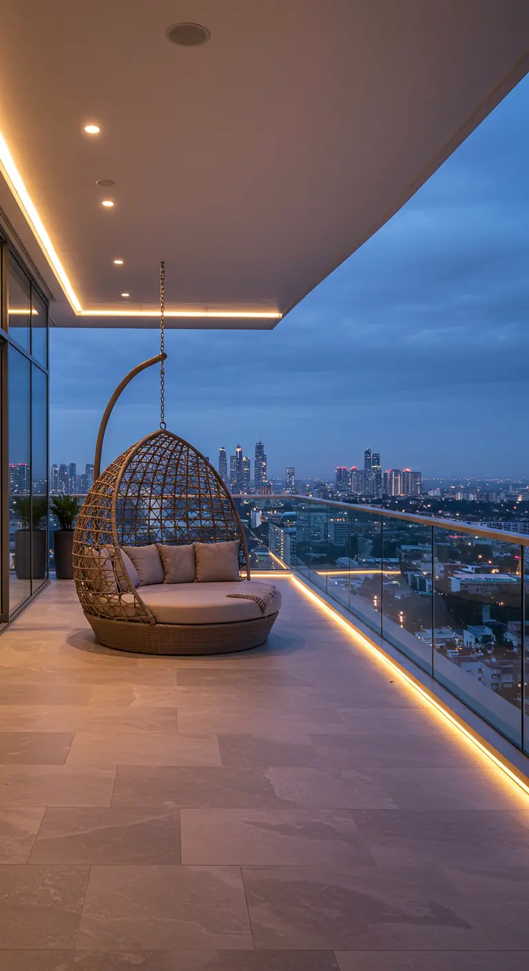 Sfeervol balkon 11 met luxe hangstoel en stadszicht 's avonds