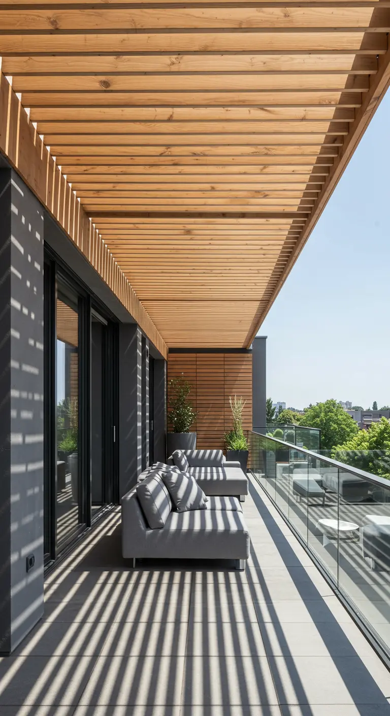 Modern balkon met houten latten overkapping, grijze loungebedden en glazen balustrade.
