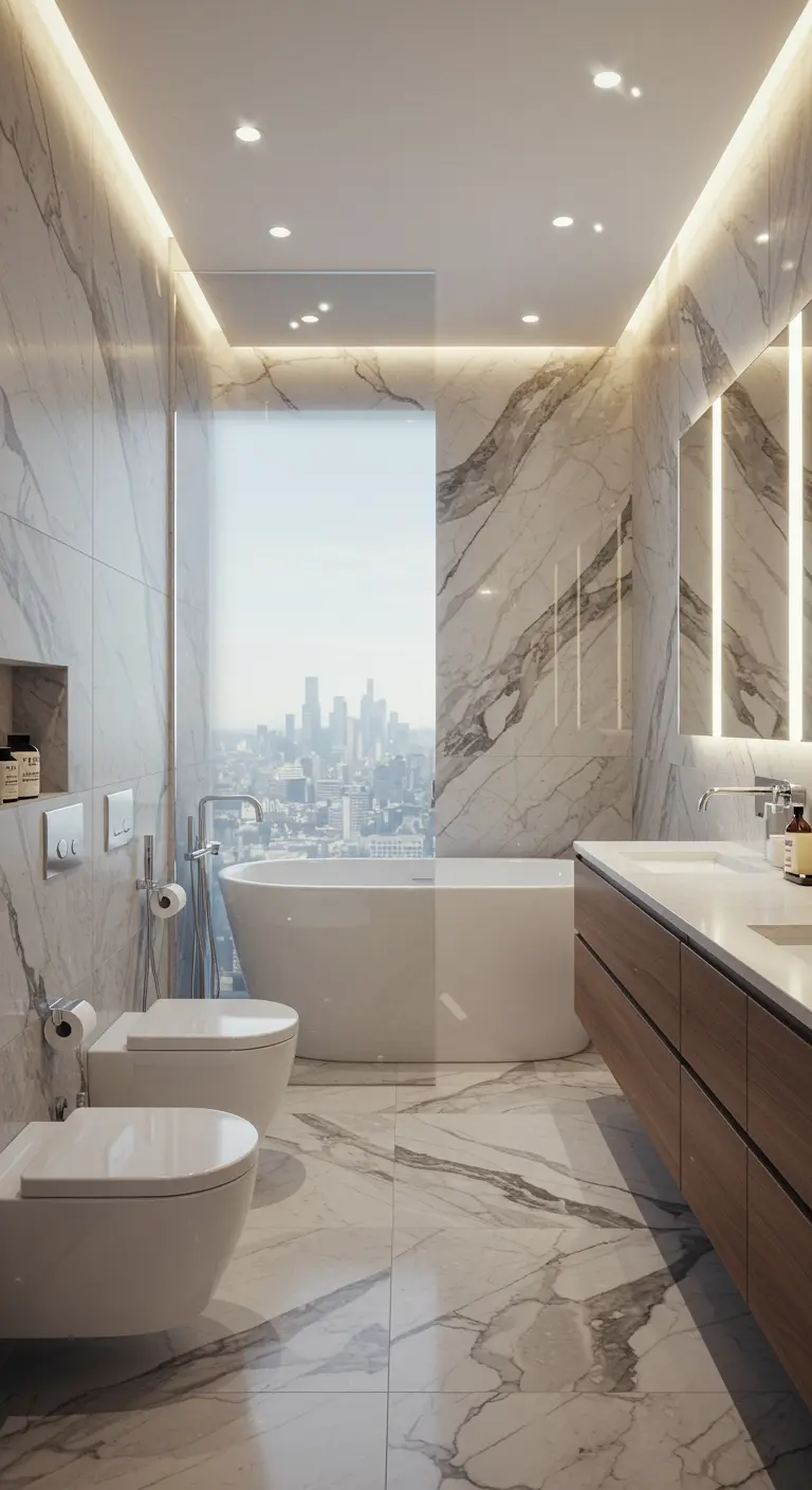 Luxe badkamer met marmer, toilet met uitzicht op de stad en vrijstaand bad.
