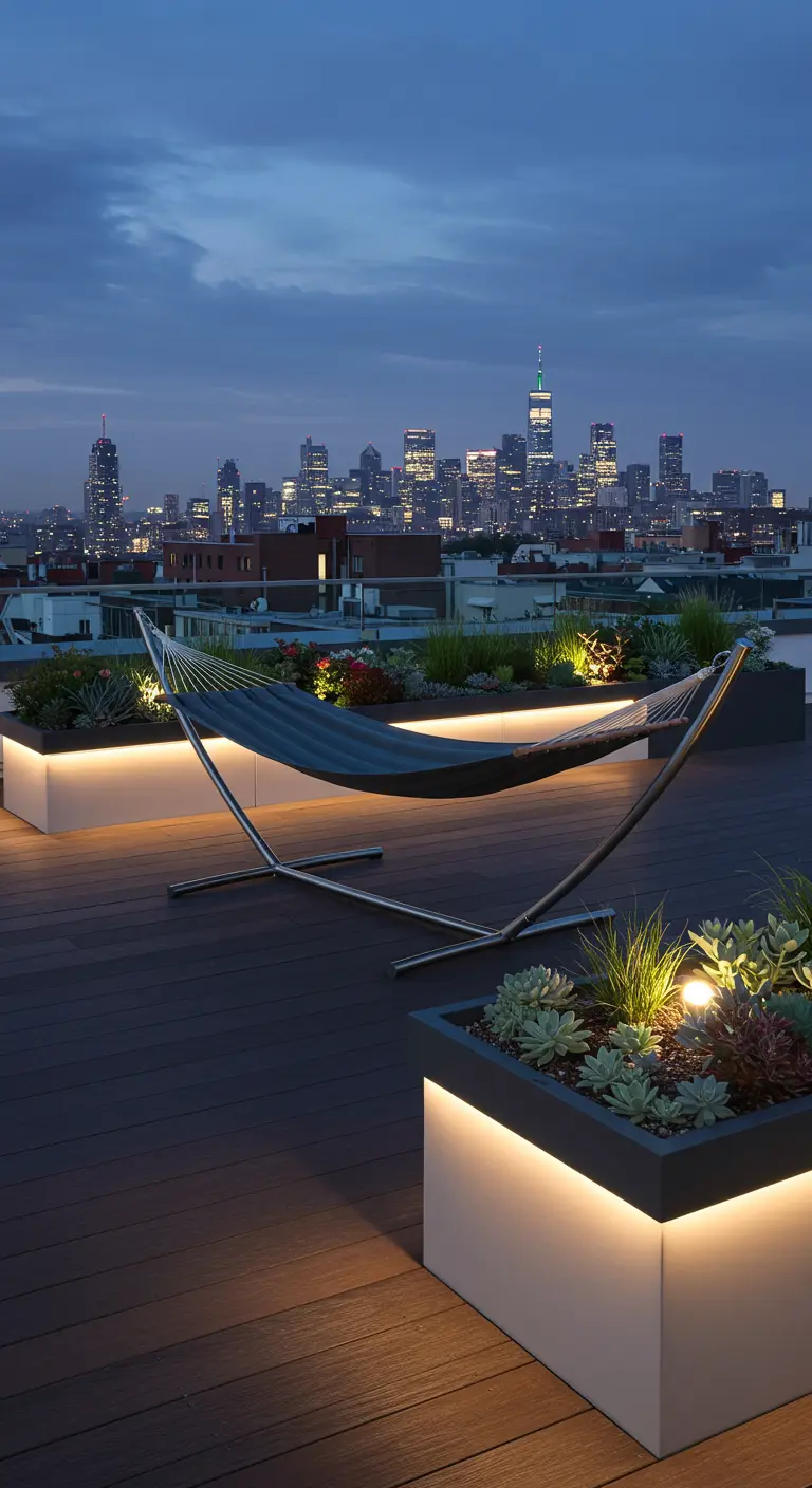 Donkere hangmat op dakterras met skyline van stad op achtergrond en verlichte plantenbakken.