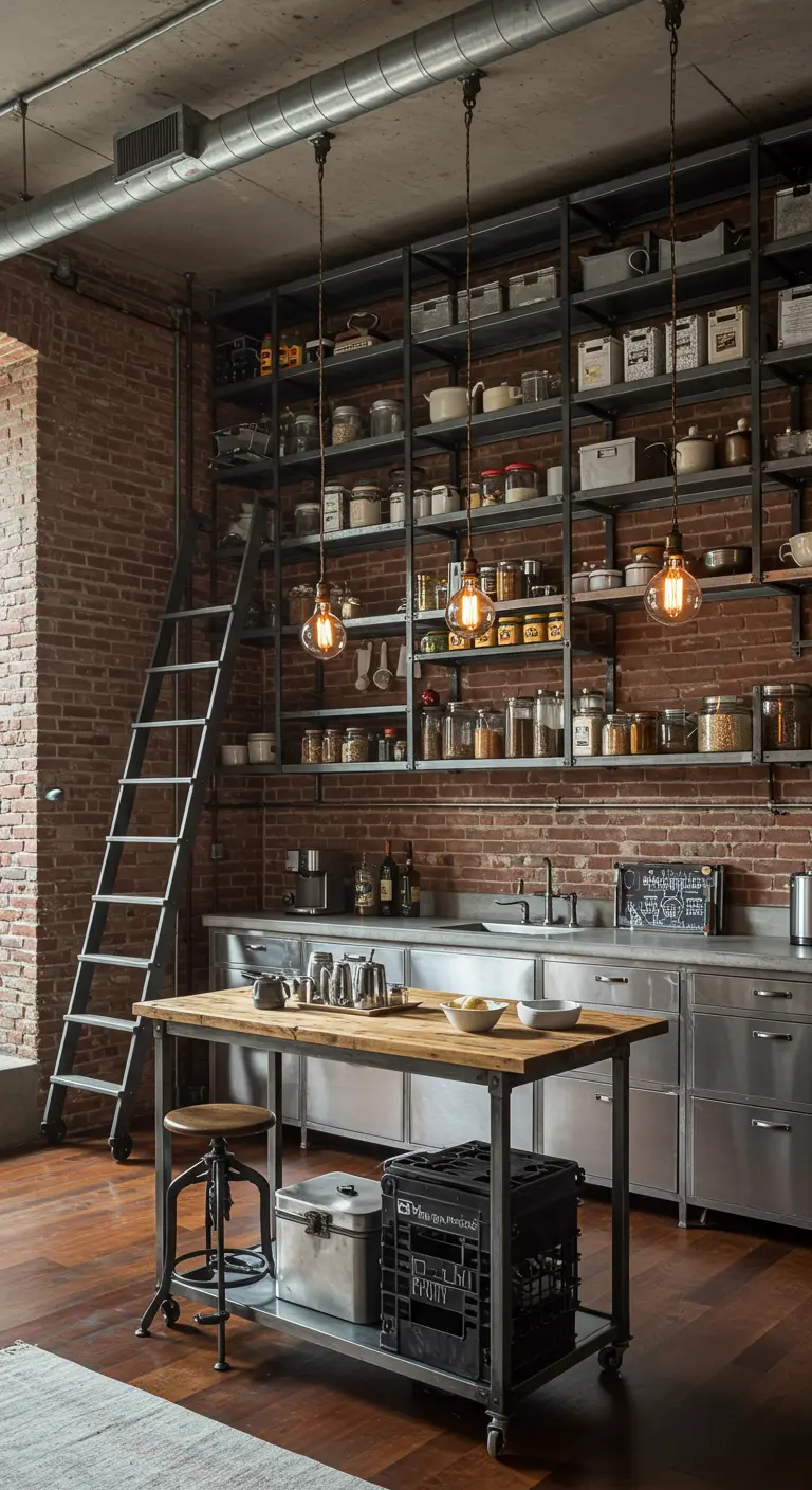 Industriële keuken met hoge open stalen rekken, bakstenen muur en een ladder voor bereik.