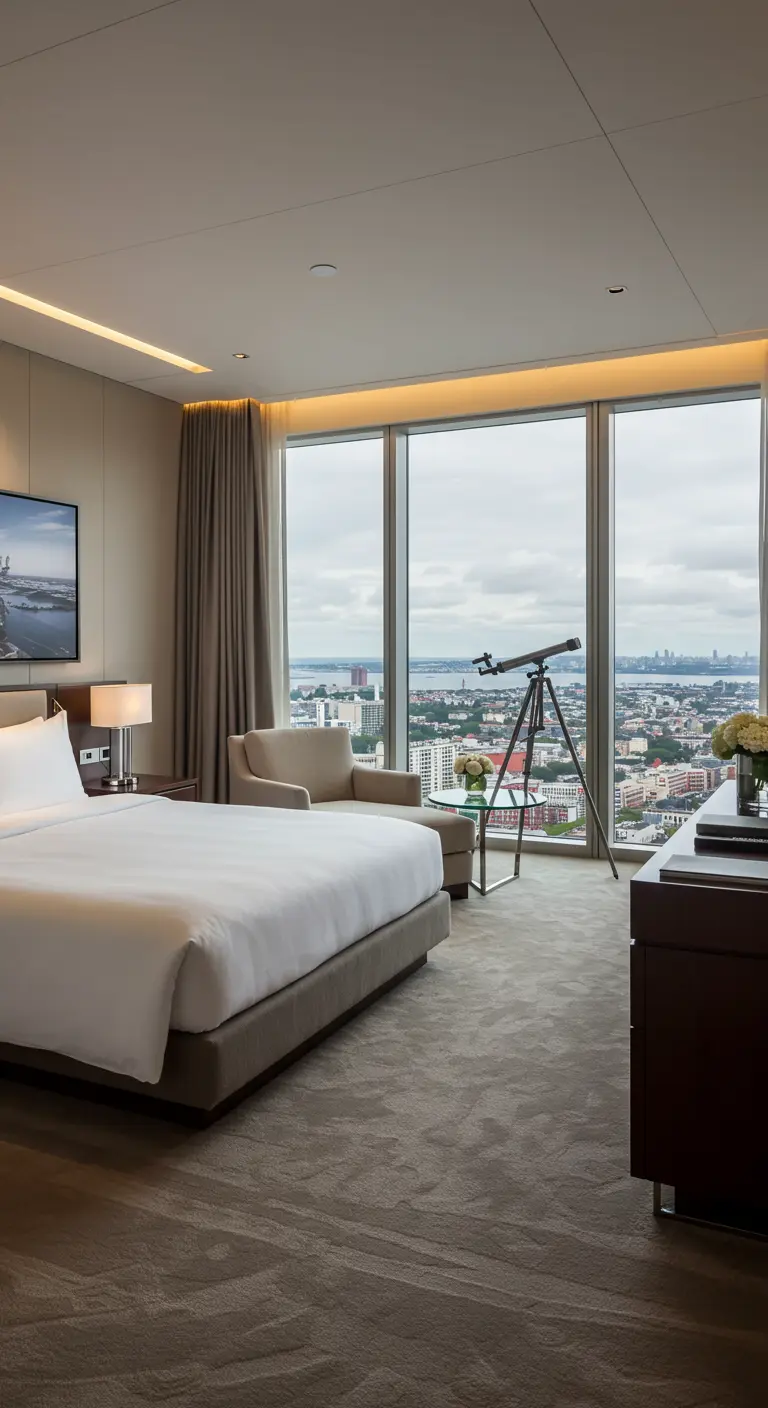Moderne hotel logeerkamer met groot raam, uitzicht over de stad en een telescoop.