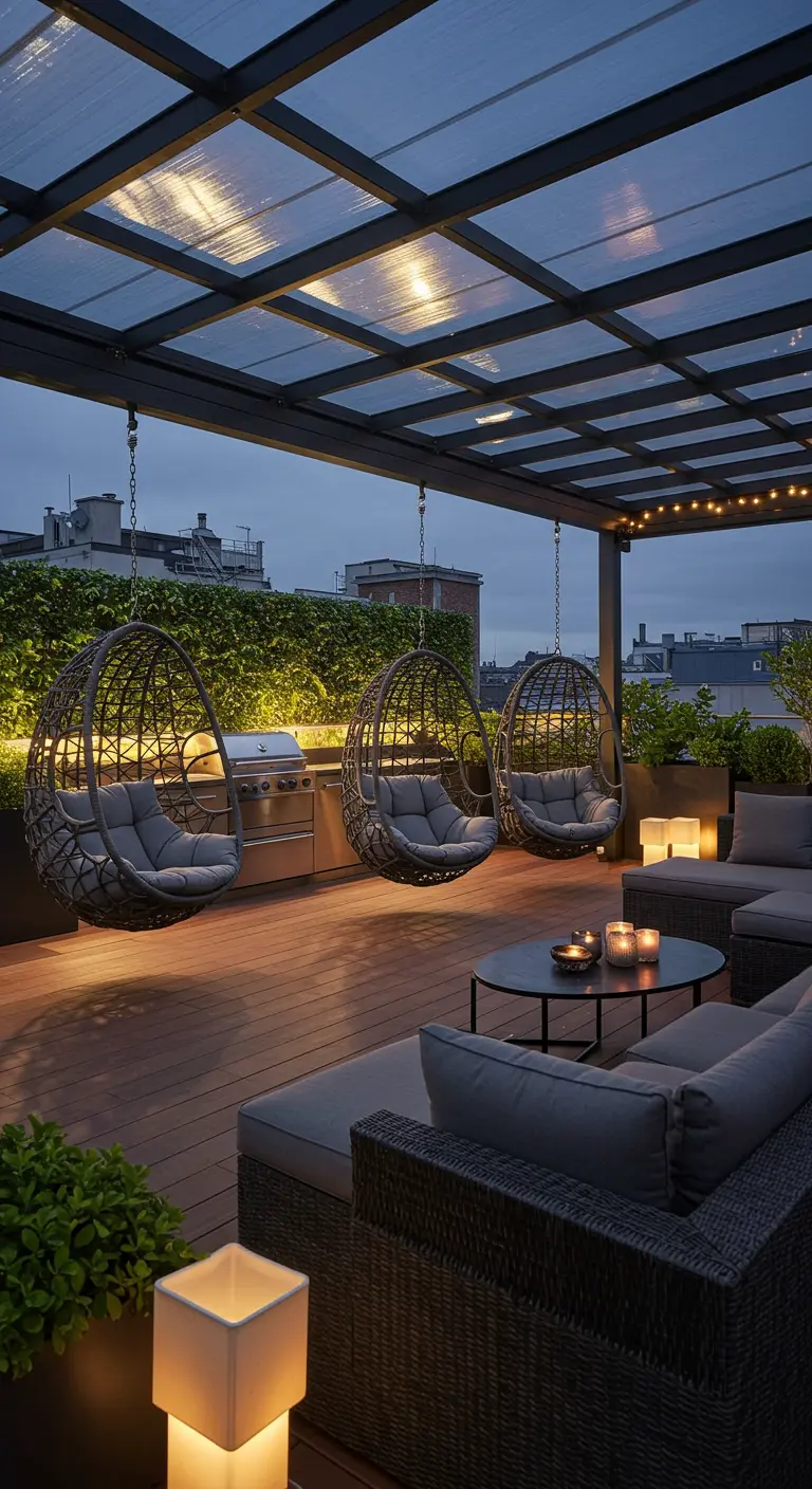 Drie rotan hangstoelen en loungeset onder grote pergola met lichtsnoeren op dakterras.