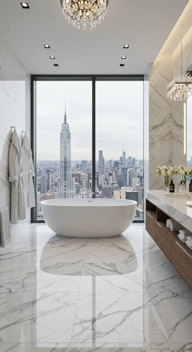 Luxe badkamer met witte marmeren vloer, vrijstaand bad en panoramisch stadszicht.