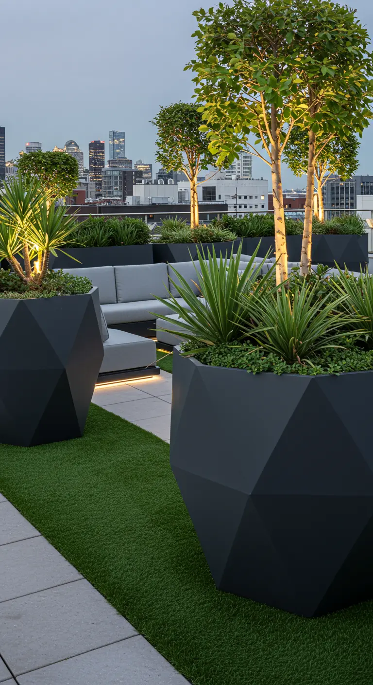 Modern dakterras met grote geometrische plantenbakken, kunstgras en loungebank.