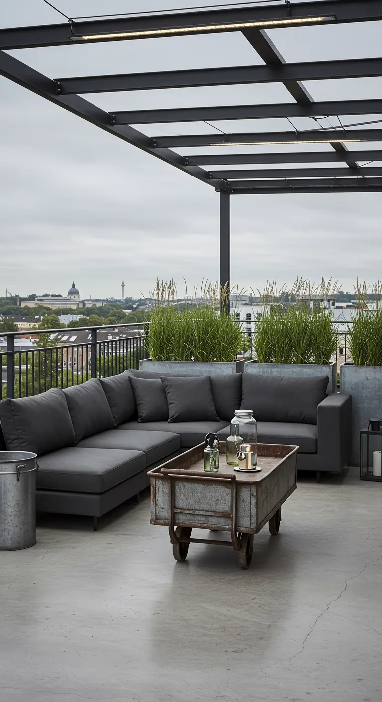 Dakterras met donkere loungebank, metalen pergola en industriële kar als salontafel.