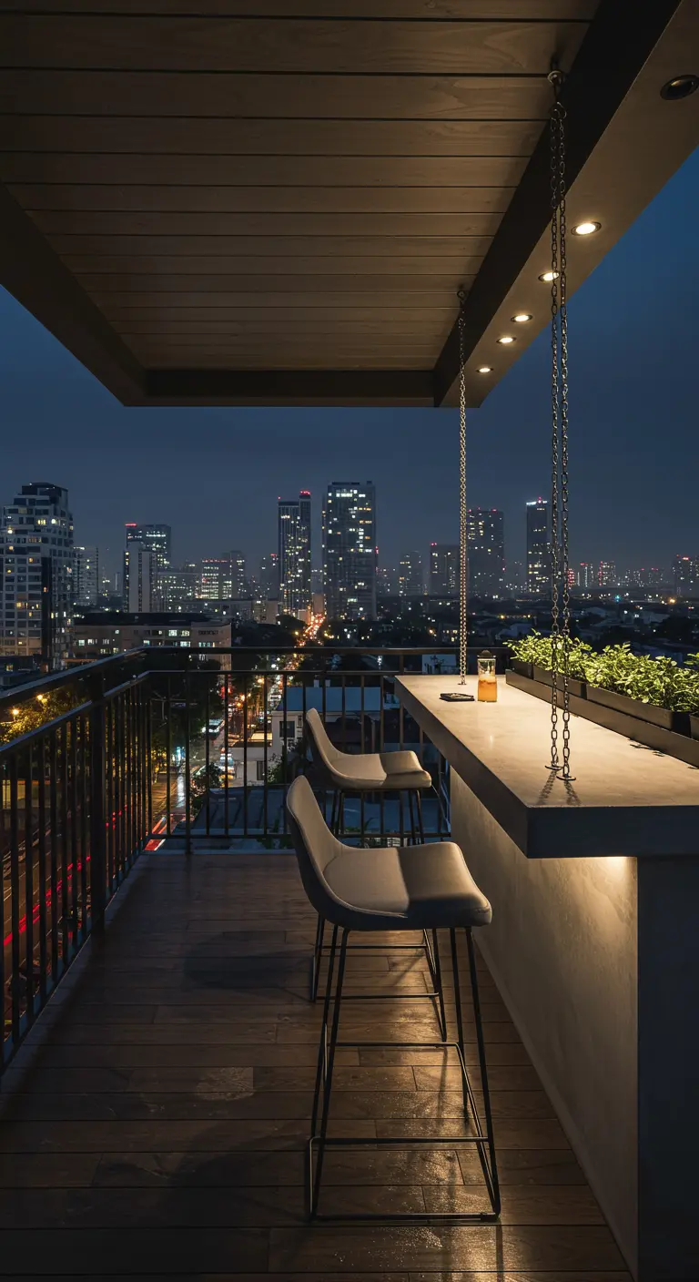 Zwevende bartafel met barkrukken op een balkon met uitzicht op de stad bij nacht.