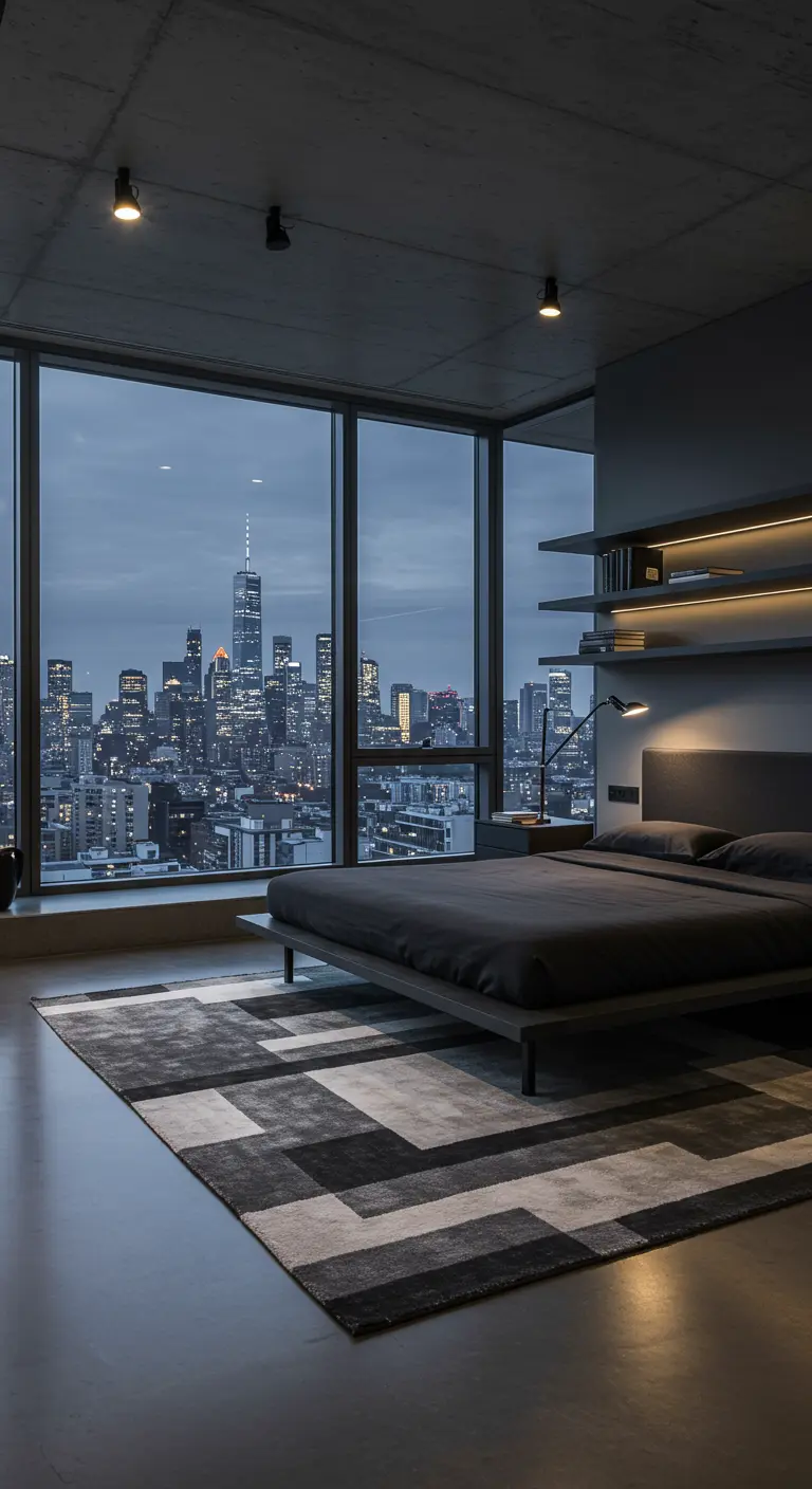 Moderne slaapkamer met stadszicht en een donker grafisch vloerkleed.