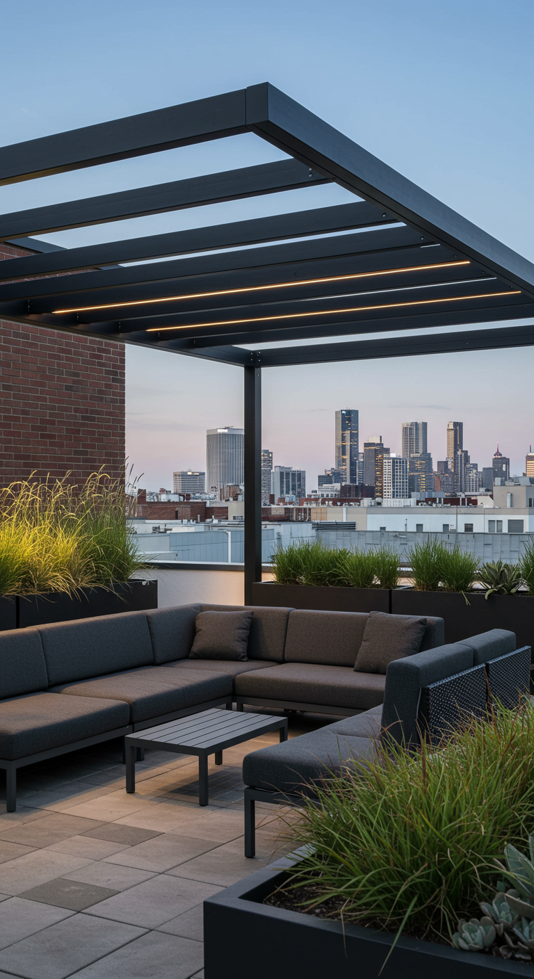 Moderne metalen pergola met LED-verlichting op een dakterras met stadszicht en loungeset.