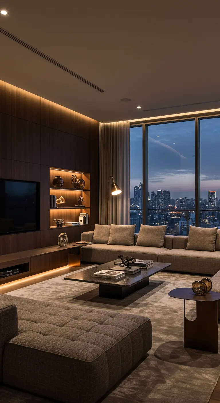 Moderne woonkamer met groot raam en uitzicht op de skyline, indirecte verlichting.