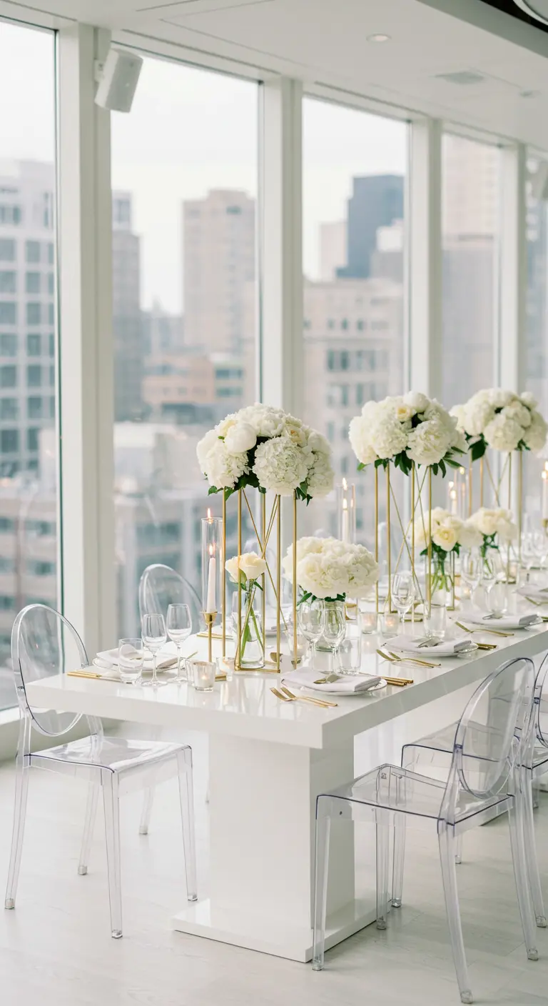 Moderne witte dinertafel met hoge witte bloemstukken op gouden standaarden en stadszicht.