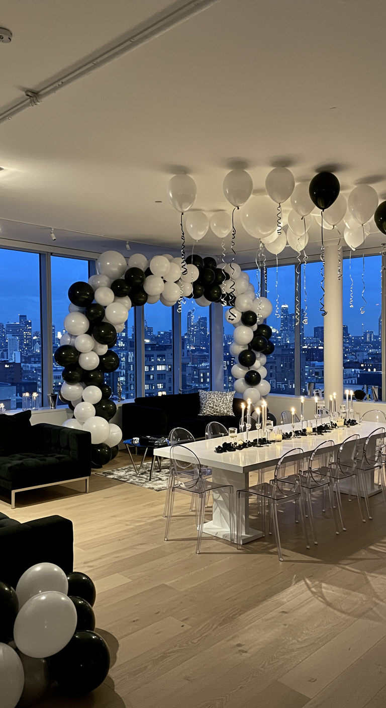 Zwart-witte ballonnenboog boven een moderne eettafel met uitzicht op de stad.