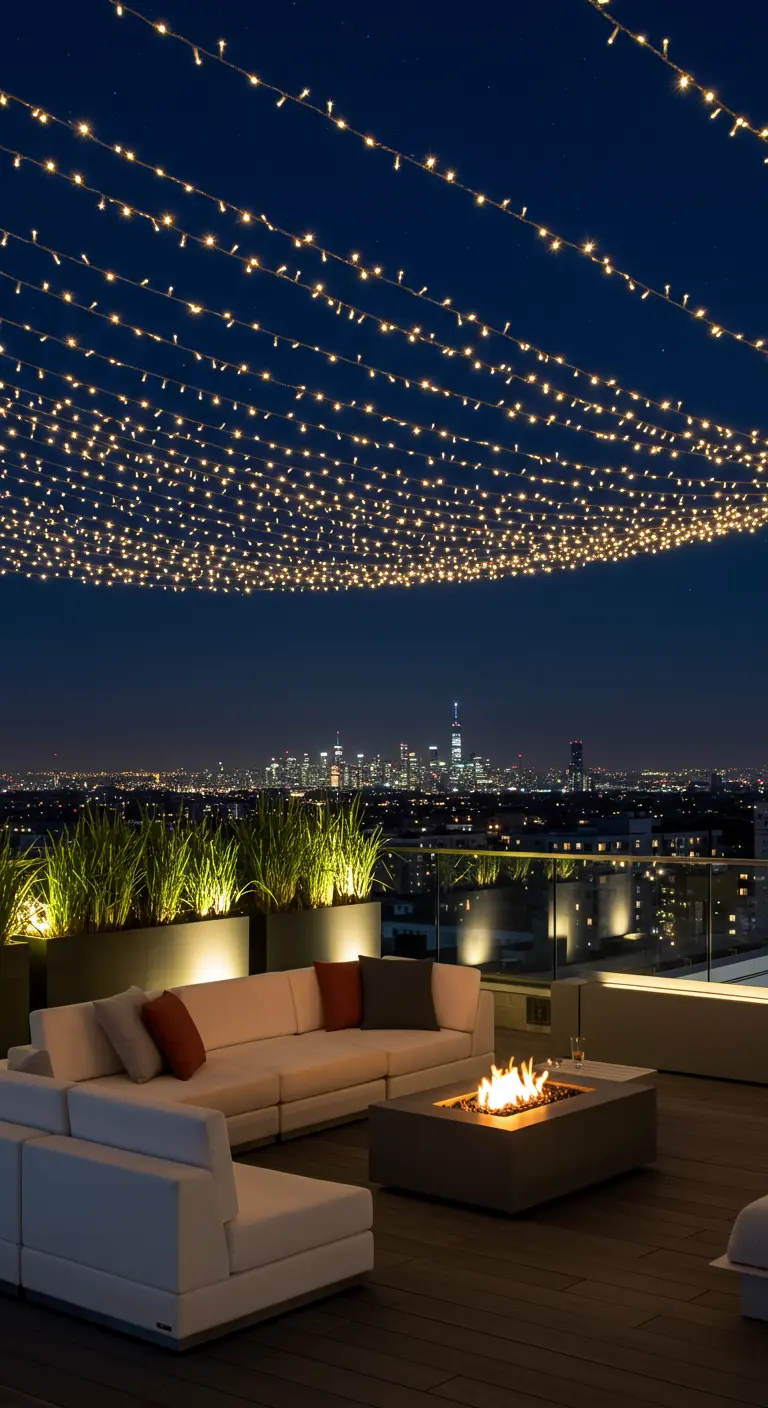 Modern dakterras 's nachts met uitzicht op skyline, vol hangende lichtslingers en loungebank.