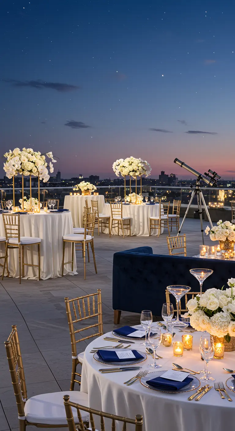 Chic dakterrasdiner met witte tafelkleden, gouden stoelen en kaarslicht.