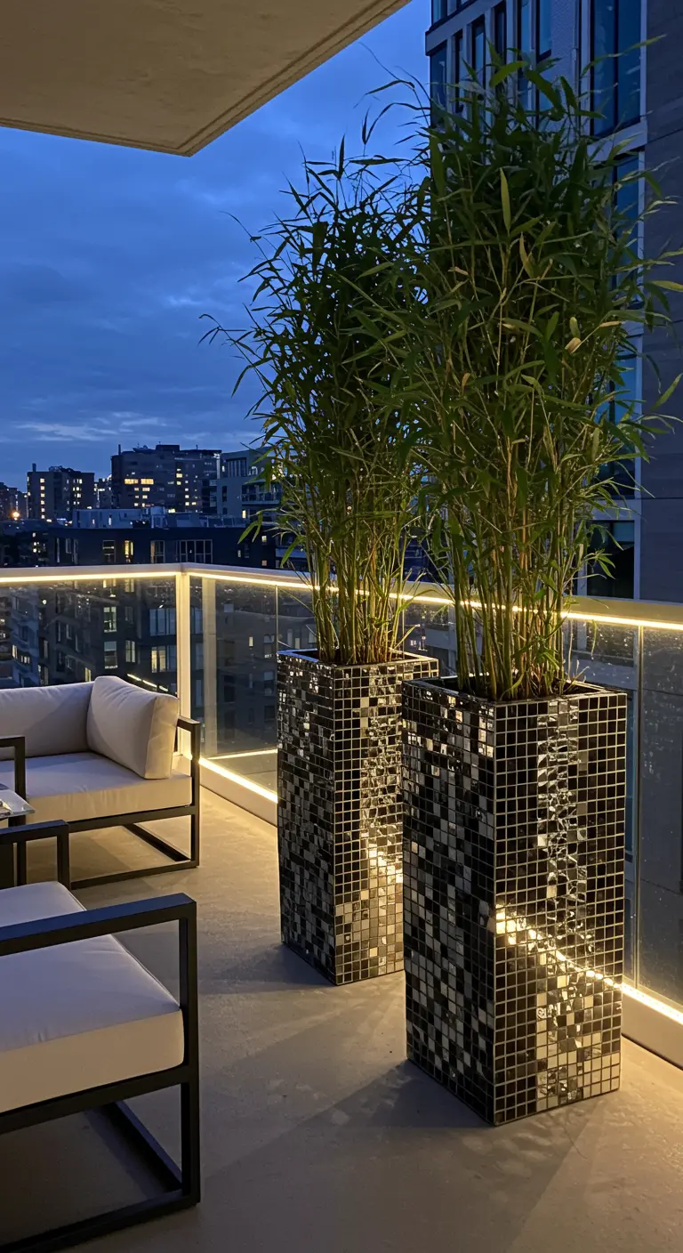 Hoge, zwarte plantenbakken met spiegelmozaïek en bamboe op een modern balkon bij avondlicht.