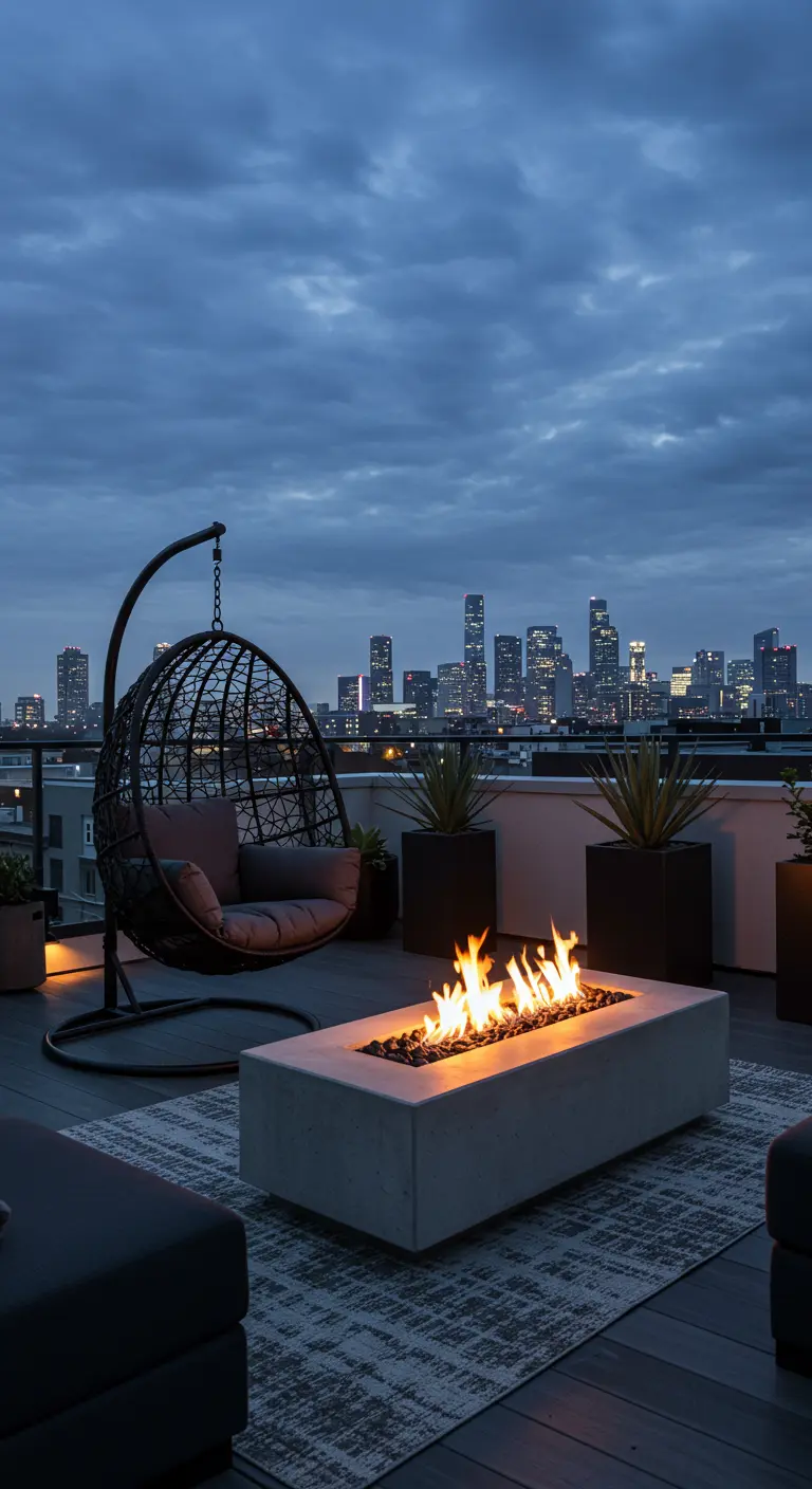 Modern dakterras met hangstoel, vuurtafel en uitzicht op verlichte skyline bij schemering.