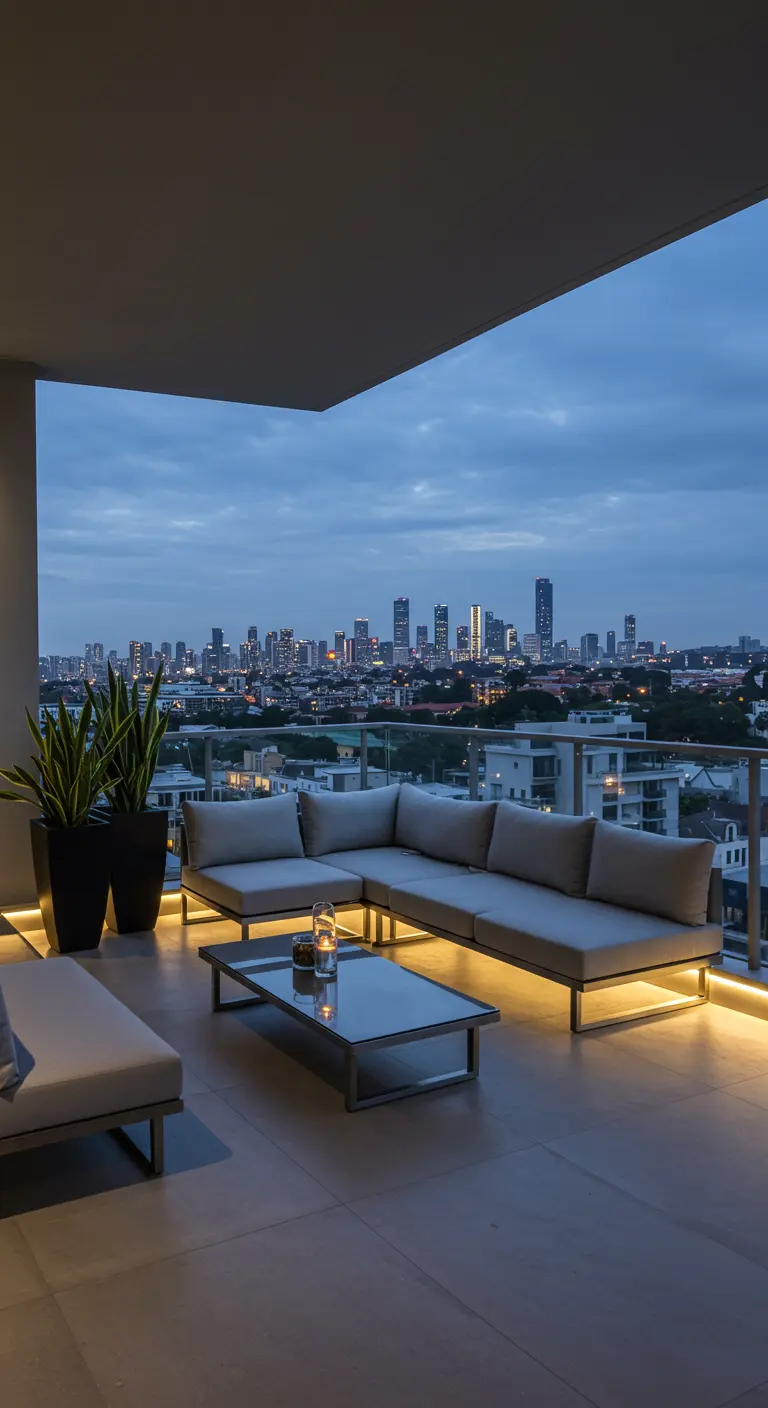 Modern balkon met loungeset en LED-verlichting onder de bank, uitzicht op skyline bij schemering.