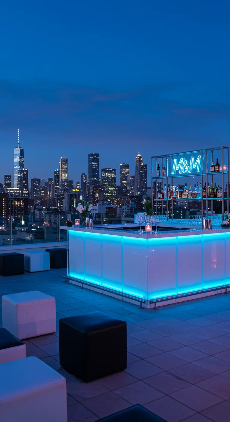 Moderne witte bar met blauwe LED-verlichting en neon-sign op een dakterras met stadszicht.