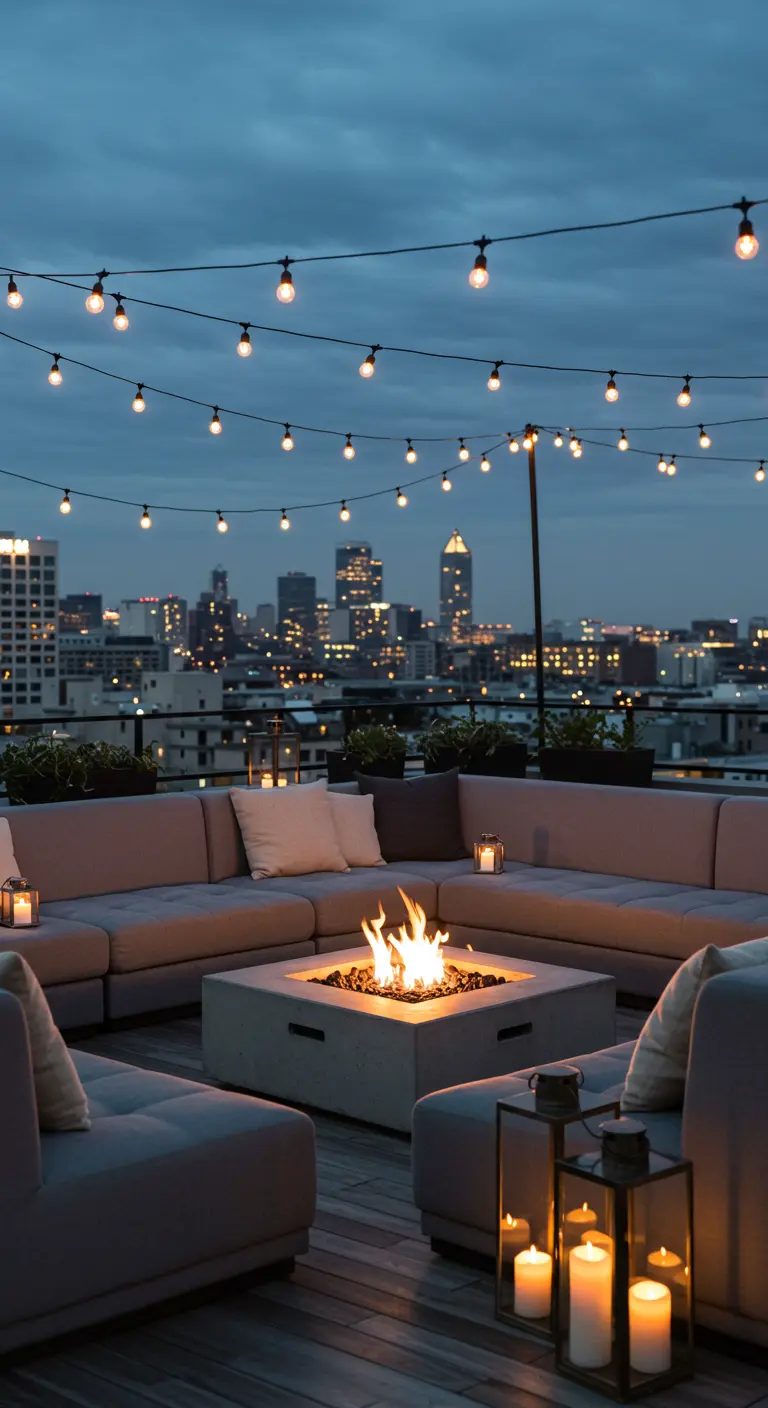 Dakterras lounge met lichtsnoeren, vuurpit en kaarsen met stadszicht op achtergrond.
