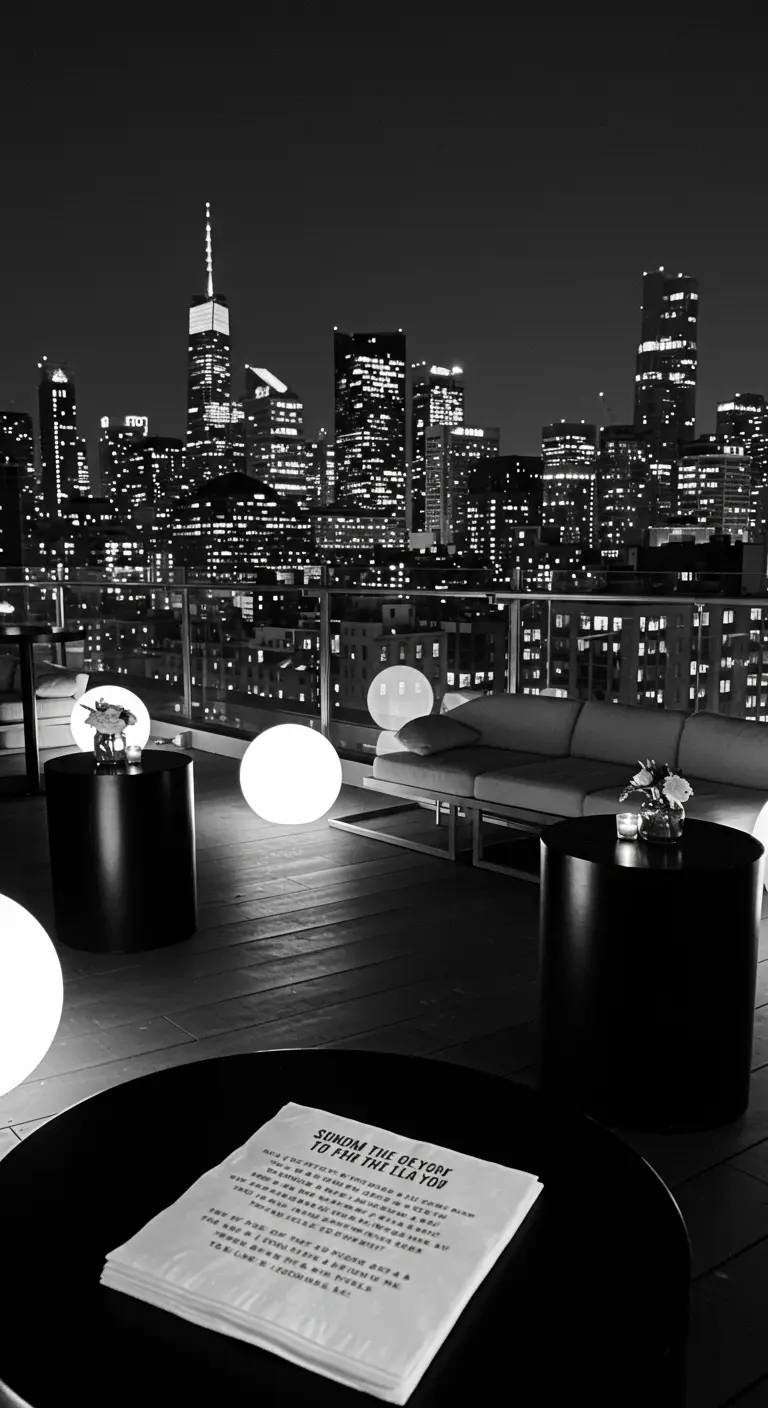 Modern dakterras met grote lichtbollen en uitzicht op de stad.