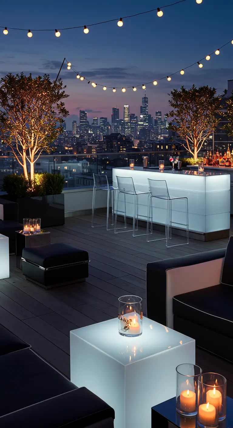 Dakterras lounge met donkere meubels, lichtgevende kubussen als tafels en uitzicht op de stad.