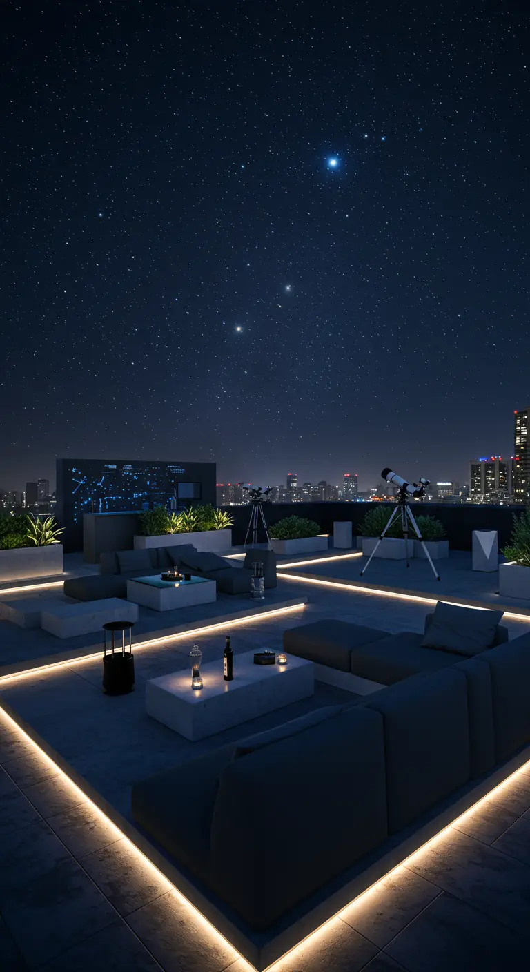 Modern dakterras 's nachts met loungebanken, LED-verlichting en telescopen onder sterrenhemel.