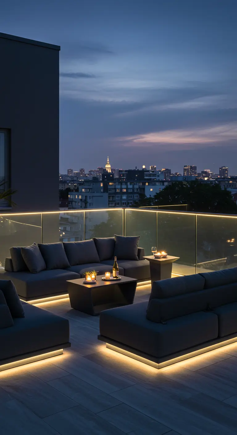 Dakterras lounge met donkere banken, sfeervolle LED-verlichting en uitzicht op de stad 's nachts.